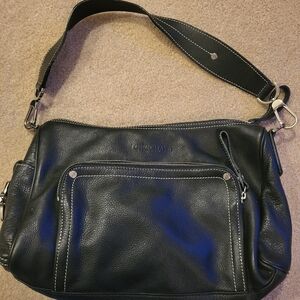 Vintage Longchamp Black Leather Shoulder Bag with White Stitching